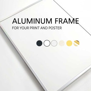Op de afbeelding: Aluminium frame voor uw print en poster. De frame is verkrijgbaar in zwart, wit, zilver, beige en goud.