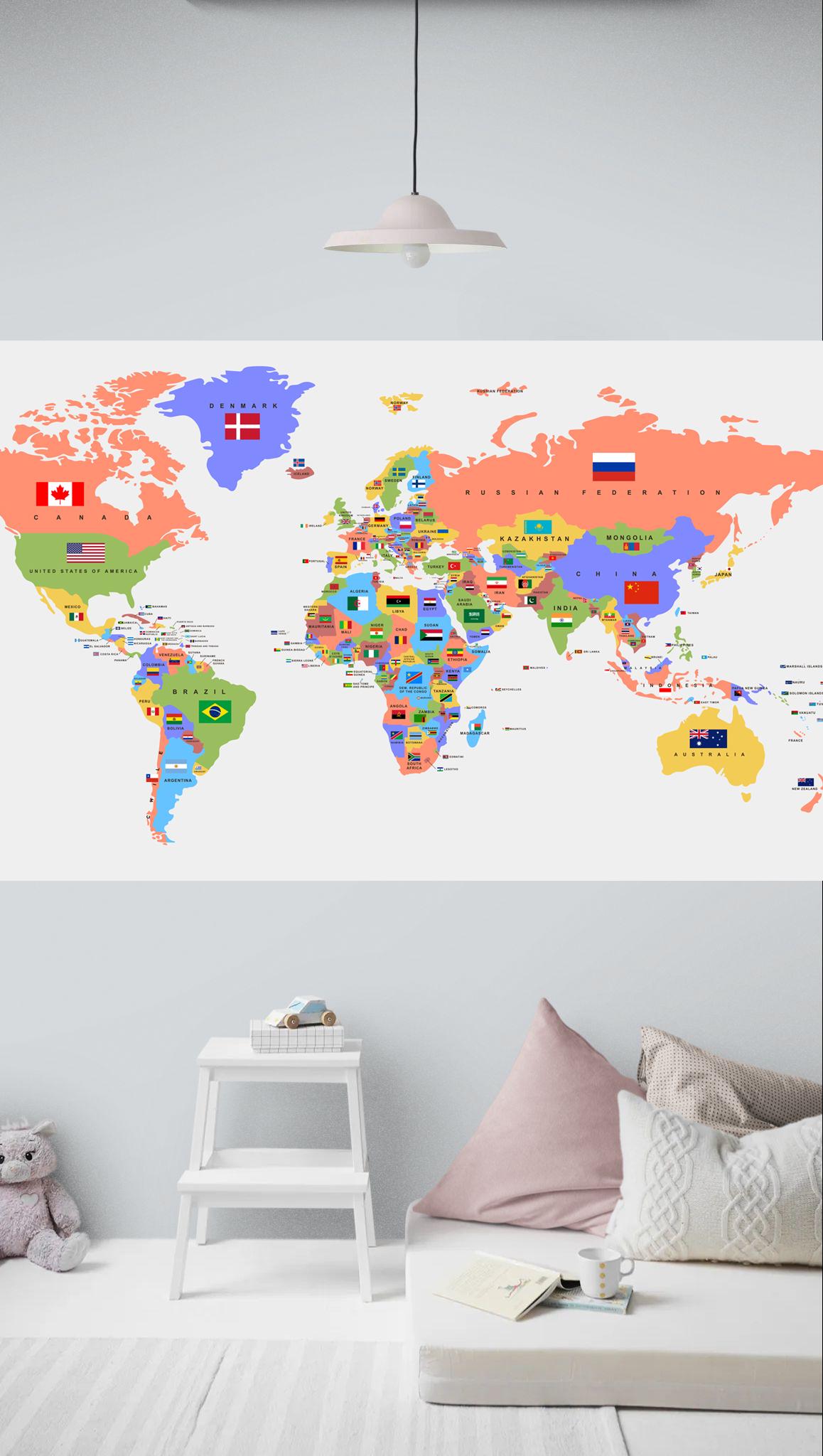 World Map With Flags Wall Decal, Educational World Map Sticker for Kids ...