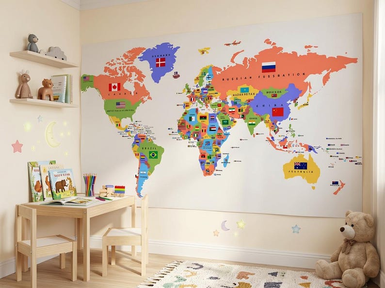 World Map With Flags Wall Decal, Educational World Map Sticker for Kids ...