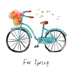 Puede incluir: Una pintura de acuarela de una bicicleta azul claro con una cesta de mimbre llena de flores rosas y naranjas. La bicicleta tiene ruedas negras y un manillar marrón. El texto "For Spring" está escrito debajo de la bicicleta.