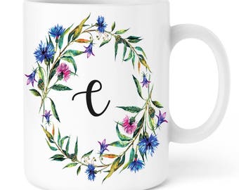 Personalized Initial Mug, Watercolor Floral Wreath Monogram Mug Gift for anyone Personalized Gift