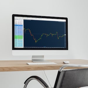 Może przedstawiać: Monitor komputera wyświetlający wykres giełdowy z czerwonymi i zielonymi liniami na ciemnoniebieskim tle. Biała klawiatura i mysz leżą na jasnym drewnianym biurku. Czarny fotel znajduje się na pierwszym planie.