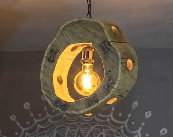 Luz colgante redonda de madera, Luz colgante Driftwood, Lámpara de araña de madera, Lámpara colgante, Lámpara rústica de madera, Luz de techo con casquillo de lámpara de bronce