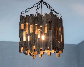 Original pendant lamp with wooden lampshade/ Ceiling light fixture made of wood/ Natural wood hanging lighting/ Wooden chandelier