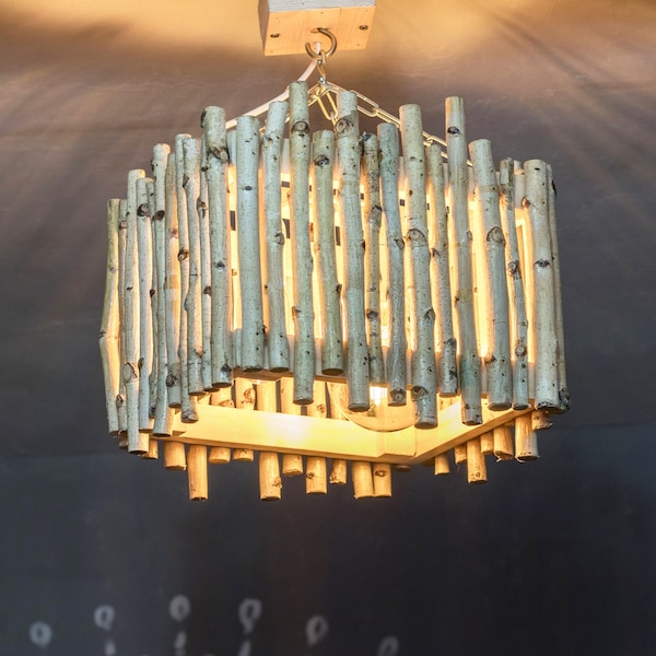 Pendant birch light, Wooden hanging lamp,  Wood chandelier, Birch lamp, Birch ceiling light, Rustic birch lamp, Birch hanging light