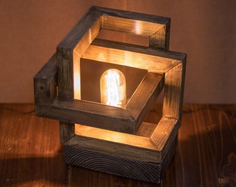 Wood lamp, Wooden lamp, Table lamp, Rustic light, Geometric light, Wood cube lamp, Wood lighting, Natural wood light, Desk light