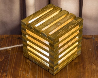 Wood lamp, Wooden lamp, Table lamp, Rustic light, Geometric light, Wood cube lamp, Wood lighting, Natural wood light, Desk light