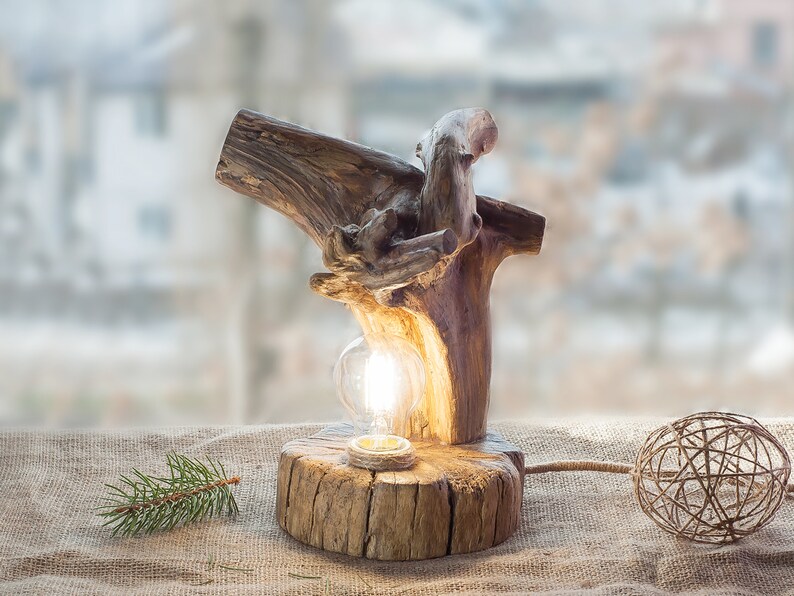 Wooden lamp Natural light Wood lamp Rustic light Driftwood lamp Handcrafted light Natural wood lamp Desk Light Wood log lamp