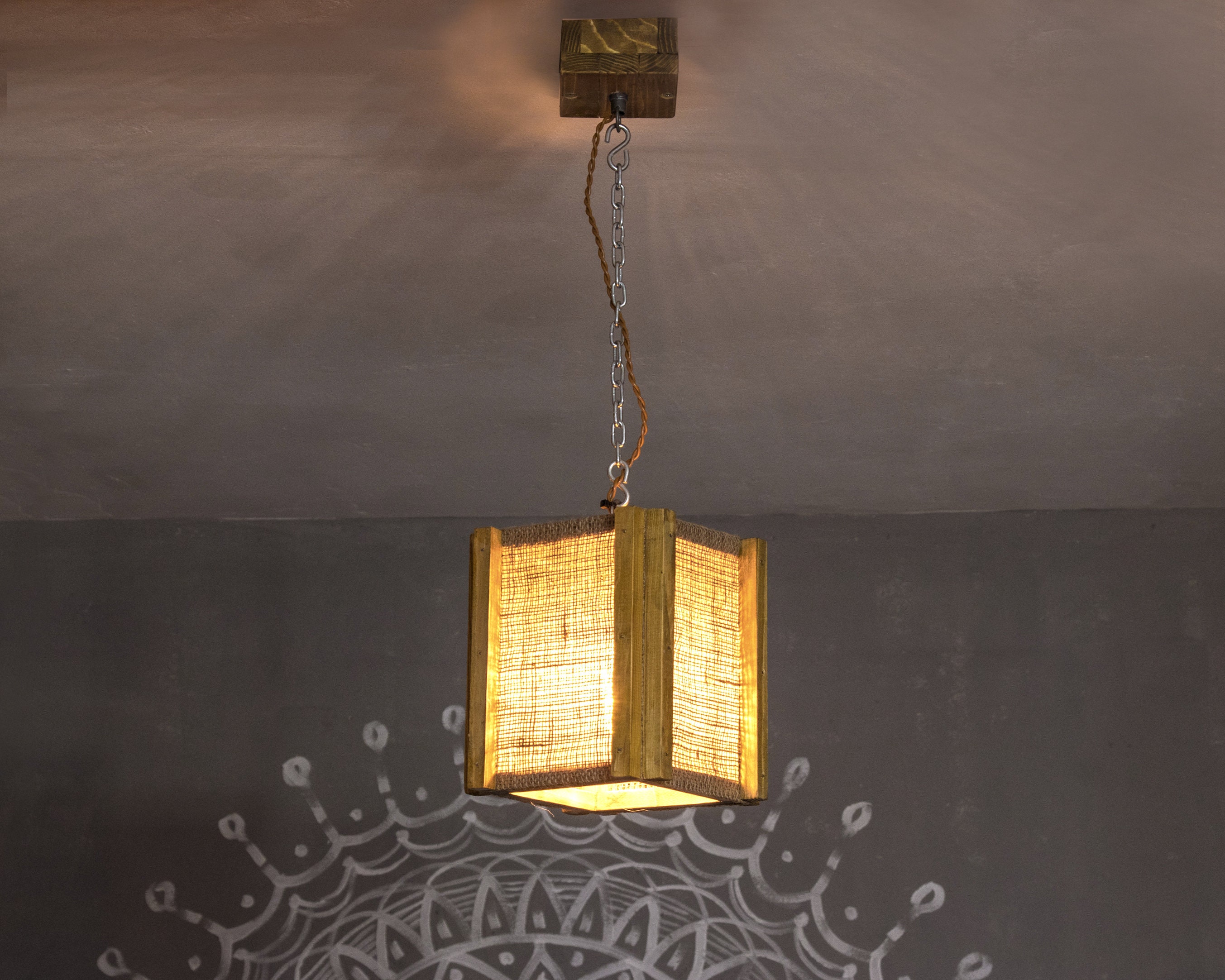 Wooden hanging lamp Pendant burlap lamp Wooden lamp Wood Etsy