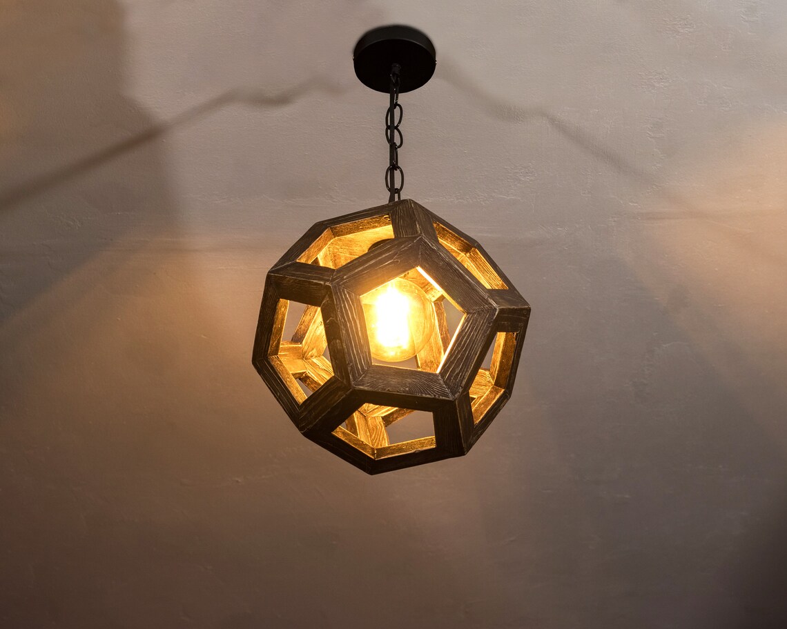 Wood Hanging Lighting Wood Geometric Pendant Light Wood Etsy