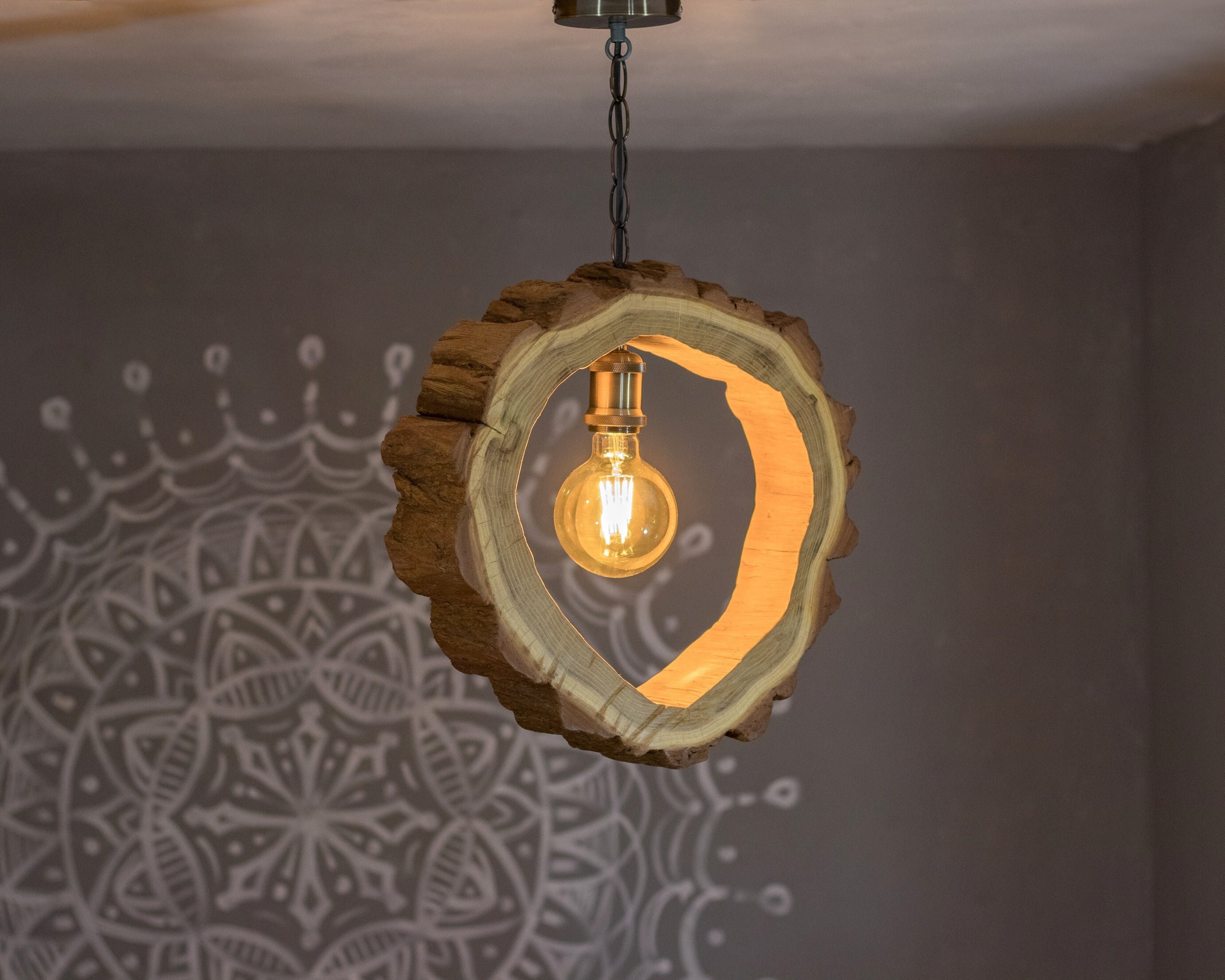 Wood Rustic Round Pendant Light Driftwood Hanging Light Wooden