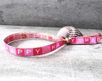 Bracelet, hippie, boho, Ibiza, fabric bracelet, festival, friendship bracelet with the saying "Happy"