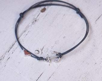 Bracelet - anchor - leather, anchor bracelet with heart, simple and maritime, friendship bracelet