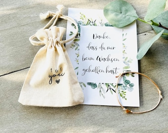 Bracelet Heart in linen bag and card Thank you for helping me grow