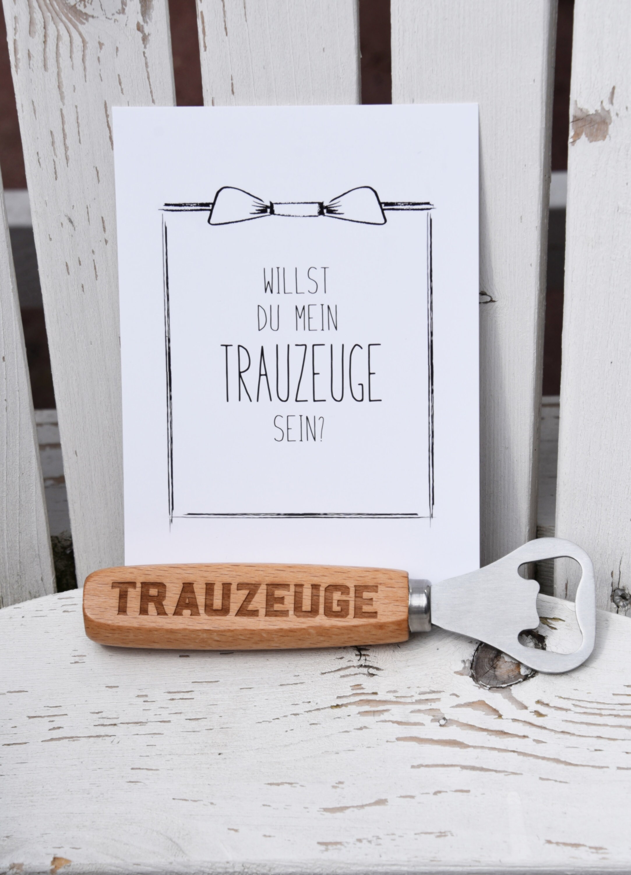 Trauzeuge Geschenk Set - Holz Flaschenöffner Mit Fragekarte 'Willst Du Mein Trauzeuge Sein'
