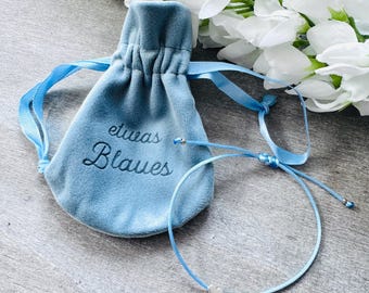 Bridal bracelet - something blue - blue wedding bracelet - gift for the bride - blue velvet bag - engraved bag