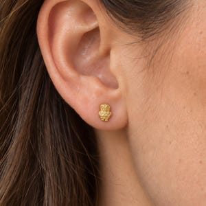 Pode incluir: Um pequeno brinco de ouro em forma de coruja. O brinco apresenta uma superfície texturizada com marcas detalhadas que representam os olhos e as penas da coruja, fixado ao lóbulo da orelha com um pino e uma tarracha.
