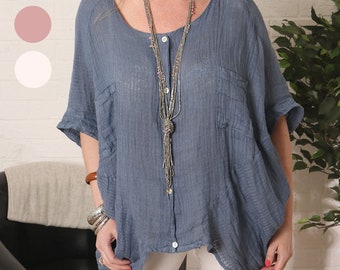 Linen Blouse , Linen Top , Linen Shirt, Lagenlook Textured Linen Tunic with Shell Buttons, Italian Linen, One Size