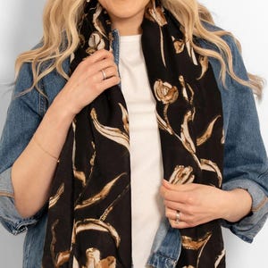 Black Floral Foil Scarf, Personalized Lightweight Scarf with Gold Glitter, Beach Sarong, Summer Cover-Up, Multi-Wrap for Holidays & Evening