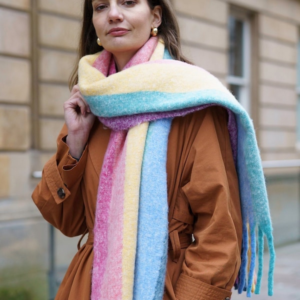 Blanket Scarf Women, Rainbow Scarf, Oversized Shawl, Warm Winter Scarf, Gift For Her