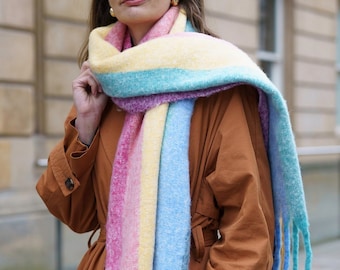 Blanket Scarf Women, Rainbow Scarf, Oversized Shawl, Warm Winter Scarf, Gift For Her