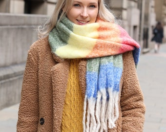 Rainbow Blanket Scarf, Womens Scarf, Oversized Shawl, Striped Scarf, Warm Winter Scarf, Scottish Gifts For Her, Christmas Gifts for Woman
