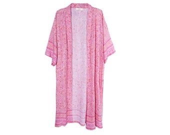 Pink Paisley Pattern, Long Kimono Top, Kimono Robe, Kimono Cardigan, Robe Boheme, Beach Cover Up, GIft For Her