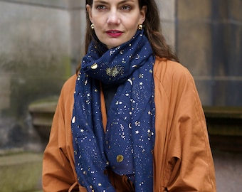 Stars and Moon Print Scarf, Personalised Scarf Gift for Her, Gold Celestial Print Scarf, Womens Star Scarf, Birthday Gift,  Personalise Gift