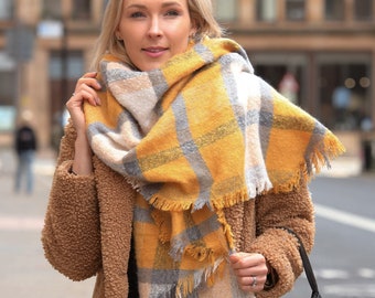 Blanket Scarf Women, Oversized Shawl, Mustard Scarf, Plaid Pattern Scarf, Warm Winter Scarf, Oversized Scarf, Gift for Her, Pashmina Shawl