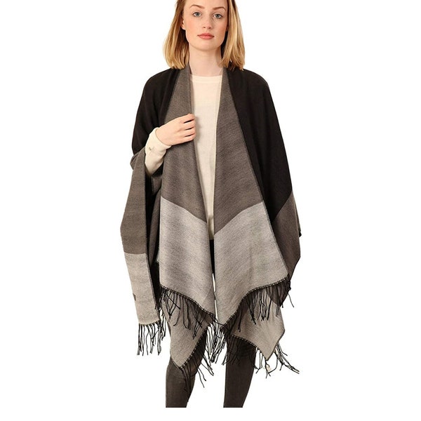 Grey Black Poncho, Womens Ponchos, Plus Size Poncho, Oversized Cardigans, Boho Cape Coats, Bohemian Shawls, Gifts For Her, Christmas Gifts