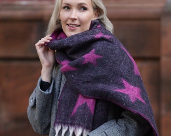 Blanket Scarf, Reversible Fuchsia Star Scarf, Scattered Star Print Scarves for Women, Heavyweight Scarf, Personalised Scarf Gift For Her