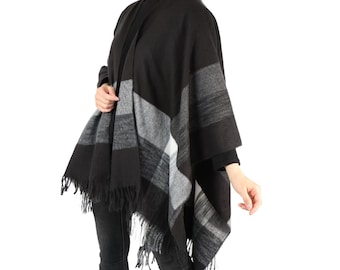 Poncho Women, Black Stripe Poncho, Black Shawl, Plus Size Poncho, Gifts For Her, Christmas Gifts, Winter Warm Shawl, Wedding Poncho