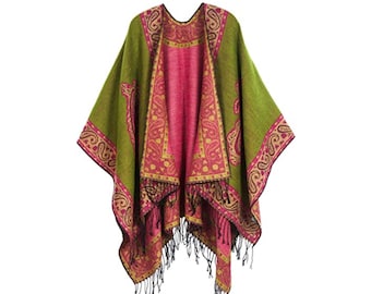 Ponchos bohèmes pour femmes, poncho vert, poncho grande taille, cardigans surdimensionnés, châle de couverture bohème, manteaux cape, cadeaux pour elle, cadeaux de Noël