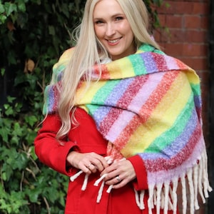 Rainbow Blanket Scarf, Personalized Gift for Her, Womens Knit Scarf, Winter Heavyweight Scarf, Oversized Fringe Shawl, Multi Stripe Scarf