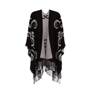 Black Printed Ponchos, Womens Boho Poncho, Plus Size Shawl, Oversized Knit Cardigans, Bohemian Poncho, Retro Capes, Christmas Gifts For Her