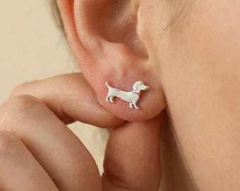 Dachshund Stud Earrings in Sterling Silver, Tiny Sausage Dog Studs with Rose Gold Collar, Dainty Animal Jewellery, Cute Gift for Dog Lovers