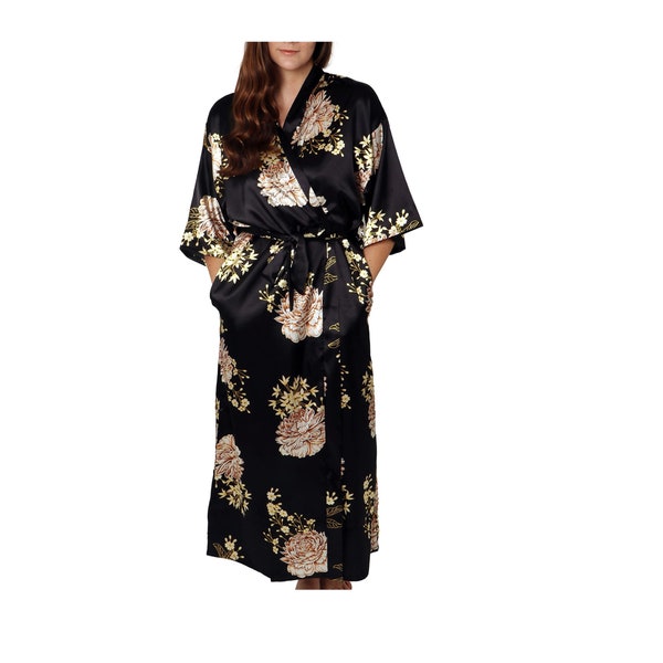 Floral Kimono, Black Dressing Gown, Satin Kimono Robe, Floral Dressing Gown, Silky Satin Kimono, Long Kimono Robe, Black Dressing Gown Robe