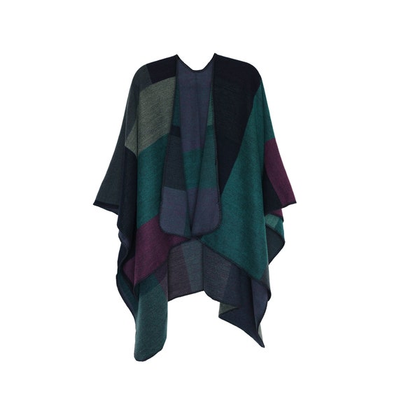 Türkiser Wendeponcho, Poncho Damen, Übergröße Poncho, Übergroße Strickjacken, Boho-Strickjacke, Hippie-Kleidung, Geschenke für sie, Weihnachtsgeschenke