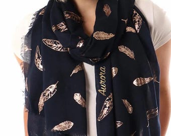 Personalized Feather Print Scarf, Womens Rose Gold Foiled Scarf, Lightweight Scarf, Mothers Day Gift,  Christmas Gift, Birthday Gift for Her