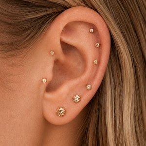 May include: A set of seven small gold stud earrings arranged along the earlobe and cartilage. Each earring features a circular design with a central stone, creating a uniform look across the multiple piercings on the ear's outer edge.