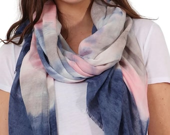 Navy Tie Dye Scarf, Boho Scarf Women, Pink Watercolour Scarf with Colourblock Border, Gifts for Her, Summer Scarf, Lightweight Scarves Women