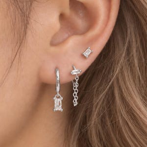 Sterling Silver CZ Earrings Set, 3-Piece Set, Baguette CZ Dangle Earrings, Tiny CZ Studs, Chain Hoops, Everyday Ear Stack, Layered Jewellery