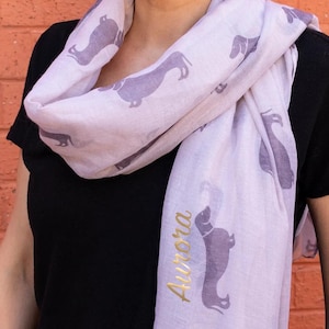 Personalized Dachshund Scarf, Cute Sausage Dog Scarf with Custom Name Monogram, Dog Lover Gift, Dog Owner Gift for Her, 8 Colors