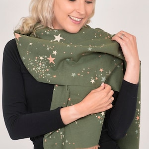 Star Scarf, Foil Print Scarf Women Shawl, Heavyweight Scarf, Winter Warm Scarf, Celestial Print Personalised Gift for Her, Christmas Gifts Khaki