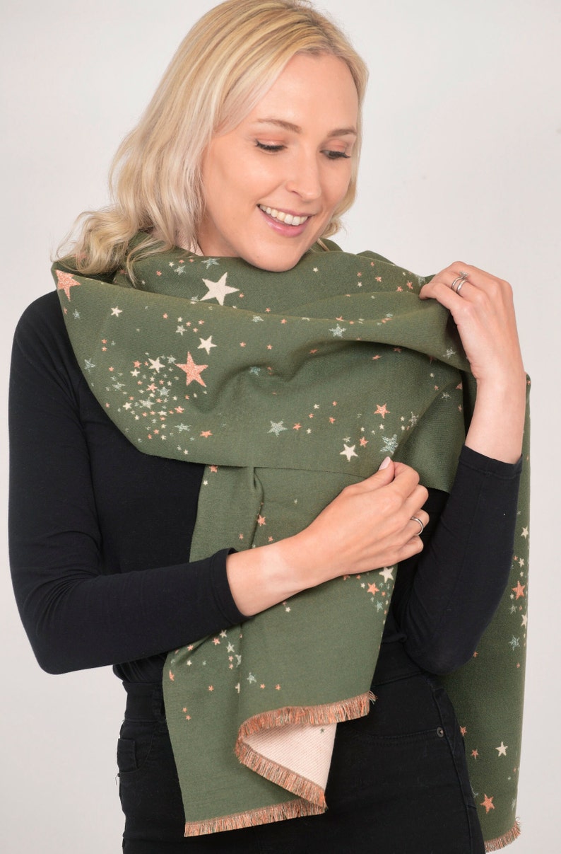 Star Scarf, Foil Print Scarf Women Shawl, Heavyweight Scarf, Winter Warm Scarf, Celestial Print Personalised Gift for Her, Christmas Gifts Khaki