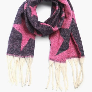 Blanket Scarf, Reversible Fuchsia Star Scarf, Scattered Star Print Scarves for Women, Heavyweight Scarf, Personalised Scarf Gift For Her Navy Blue & Fuchsia