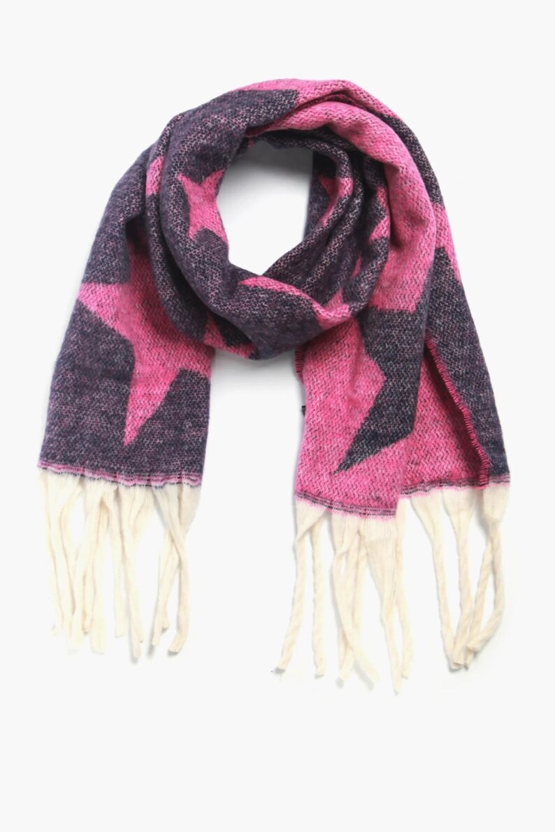 Blanket Scarf, Reversible Fuchsia Star Scarf, Scattered Star Print Scarves for Women, Heavyweight Scarf, Personalised Scarf Gift For Her Navy Blue & Fuchsia