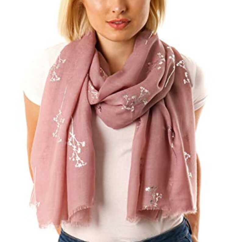 Personlig blommig halsduk, halsdukar för kvinnor, silverfolietryckt halsduk, present till henne, lätt halsduk, bröllopssjal, present till mamma bild 5