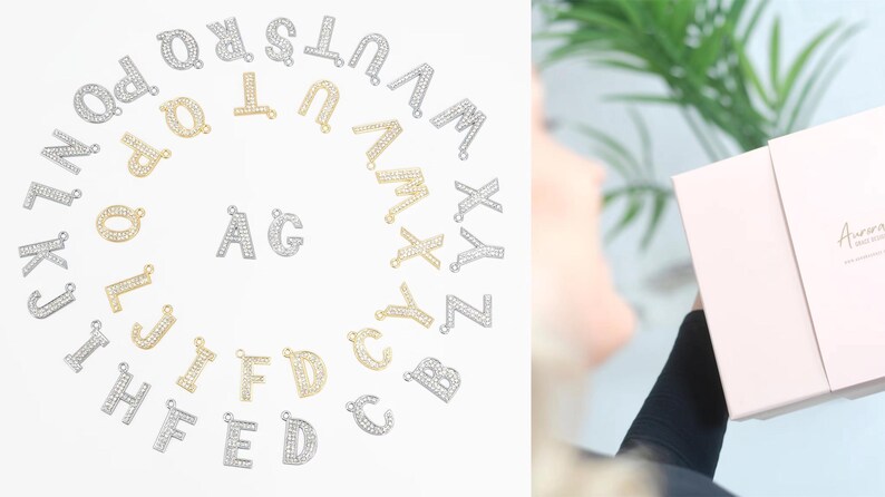 May include: A set of silver and gold letter charms with rhinestones. The letters are arranged in a circle on a white background. The letters are A, B, C, D, E, F, G, H, I, J, K, L, M, N, O, P, Q, R, S, T, U, V, W, X, Y, and Z.