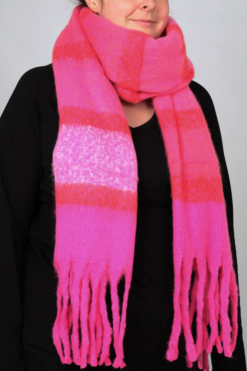 Blanket Scarf Women, Oversized Shawl, Striped Colourblock Sacrf, Heavyweight Tasseled Scarf, Personalised Scarf, Christmas Gift In a Box Fuchsia